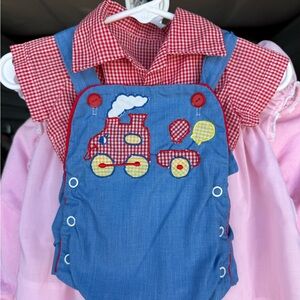Vintage baby red gingham Blue Train-Themed Overalls Choo Choo balloons 0-3 M